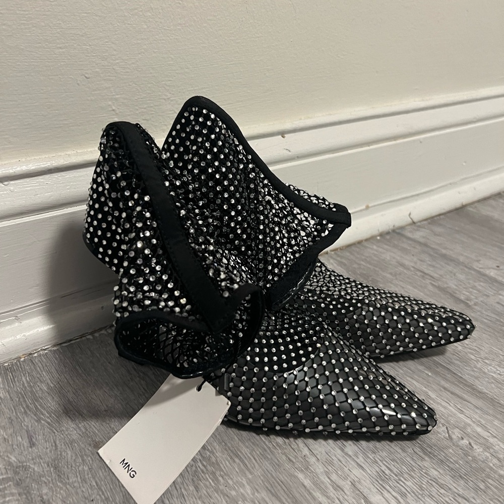 Mango MNG Black Mesh Rhinestone Heeled Boots - Picture 9 of 11